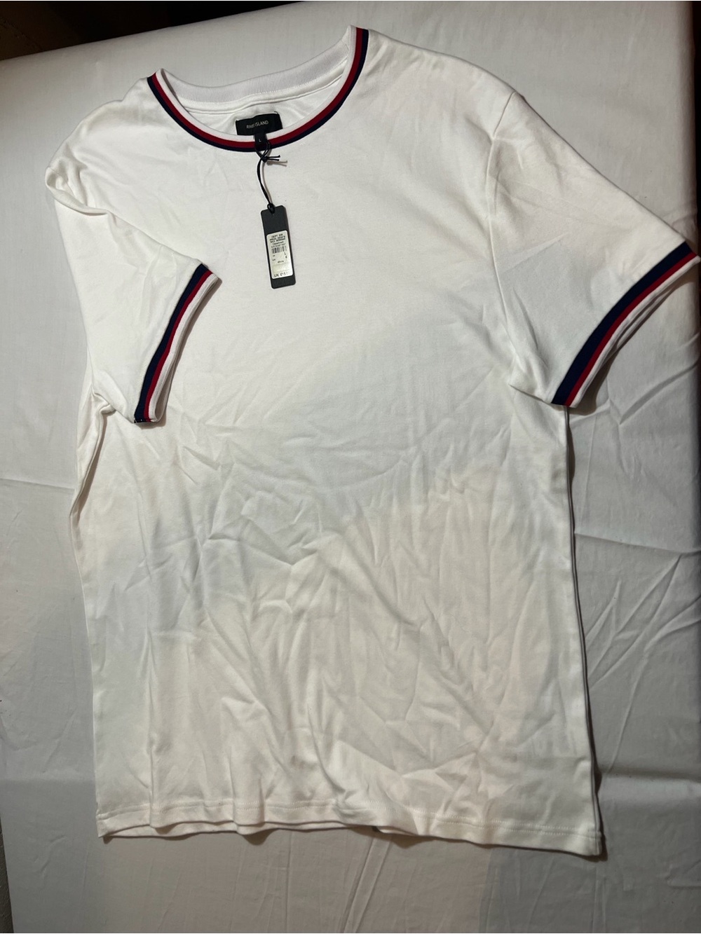 River Island Mens White T-Shirt Striped Trim Crew Neck Short Sleeve New With Tag